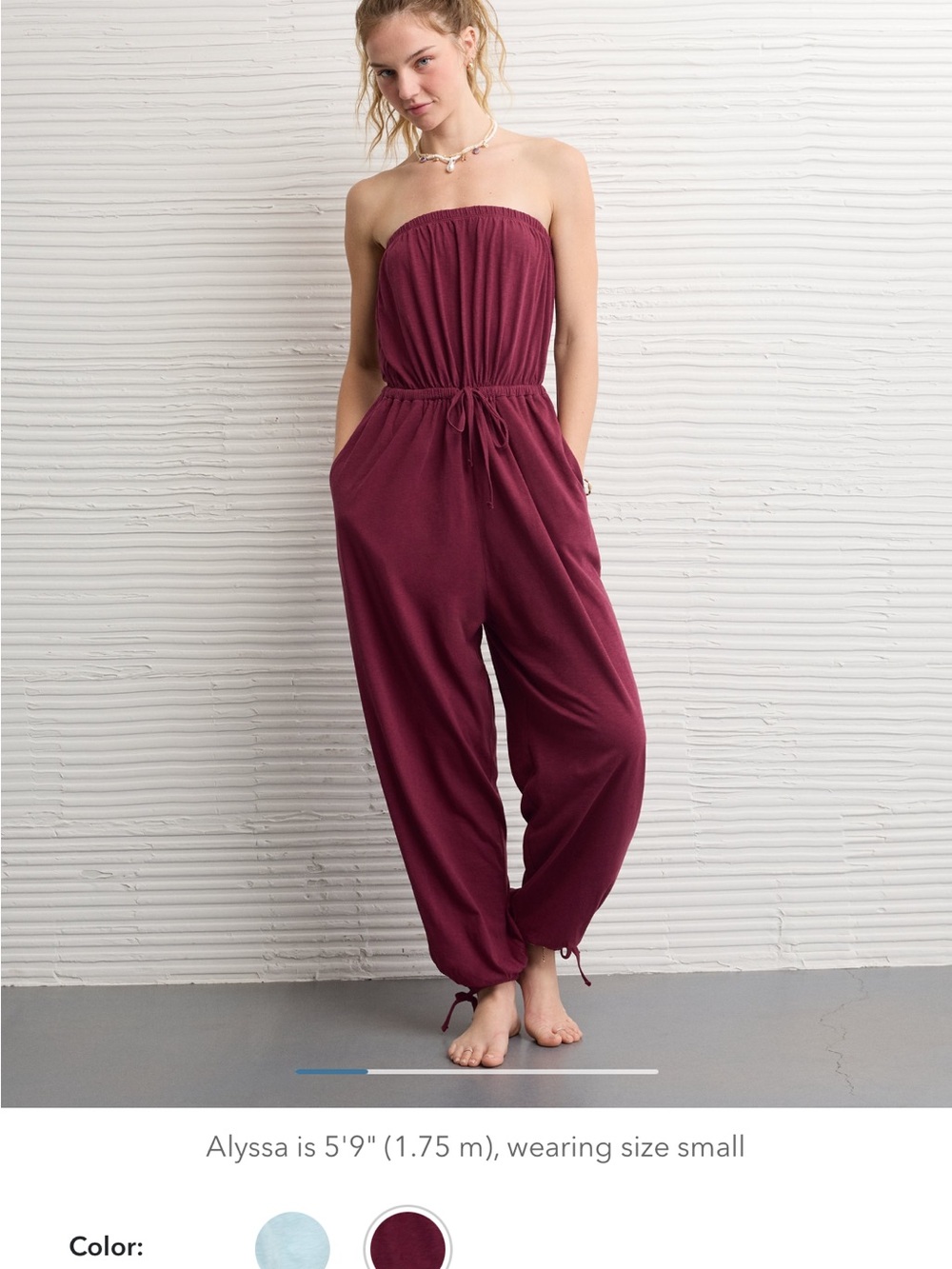 American Eagle Outfitters Strapless Drawstring Jumpsuit in Burgundy